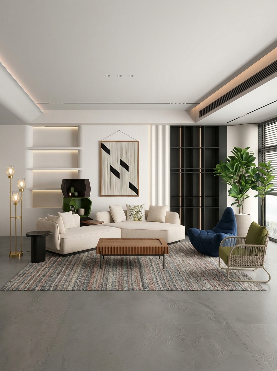 A warm living room designed with Plynth